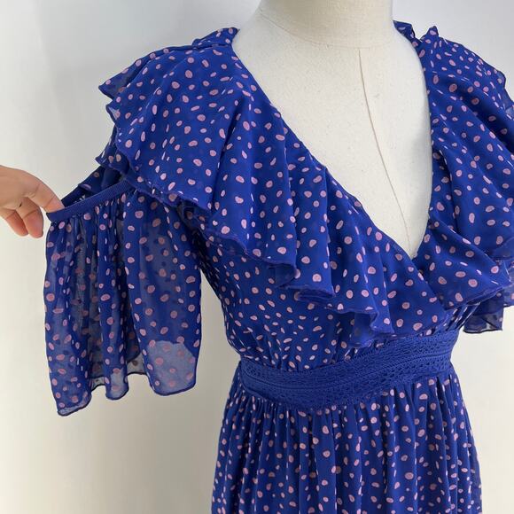 Three Floor Polka Dot Ada Dress Blue Ruffles V Neck Midi - Picture 4 of 12
